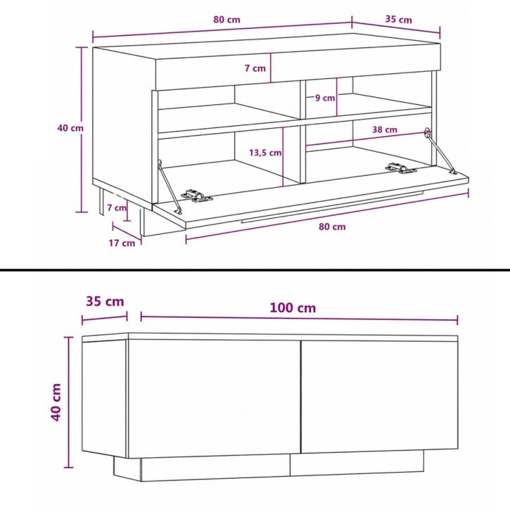 Dimensions du meuble TV en bois avec rangements intégrés et format adapté aux grands écrans