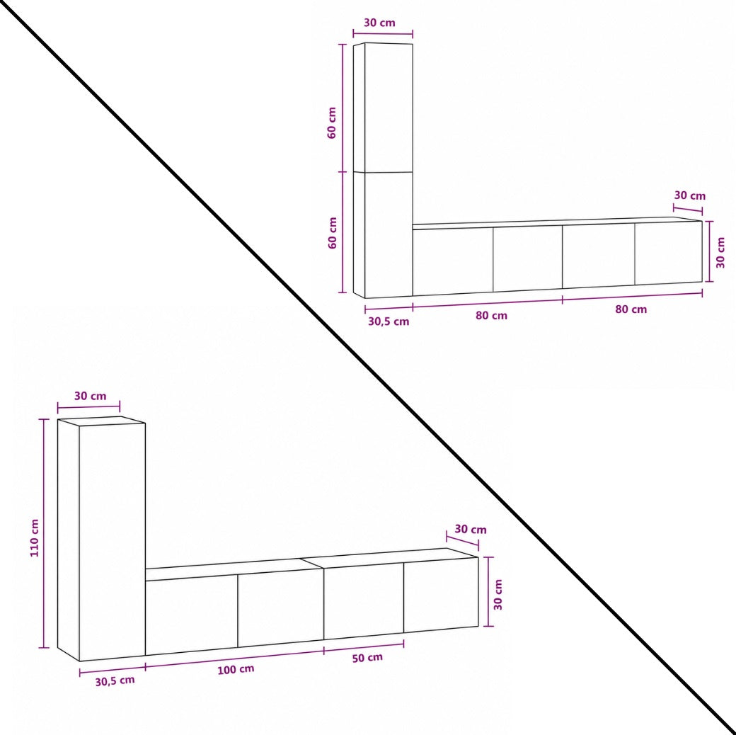 Dimensions du meuble TV suspendus moderne avec colonne verticale et rangements intégrés