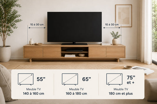 Meuble TV contemporain avec recommandations de dimensions pour grand écran