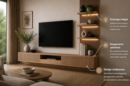 Meuble TV en bois avec finitions modernes et rangements pratiques pour salon design