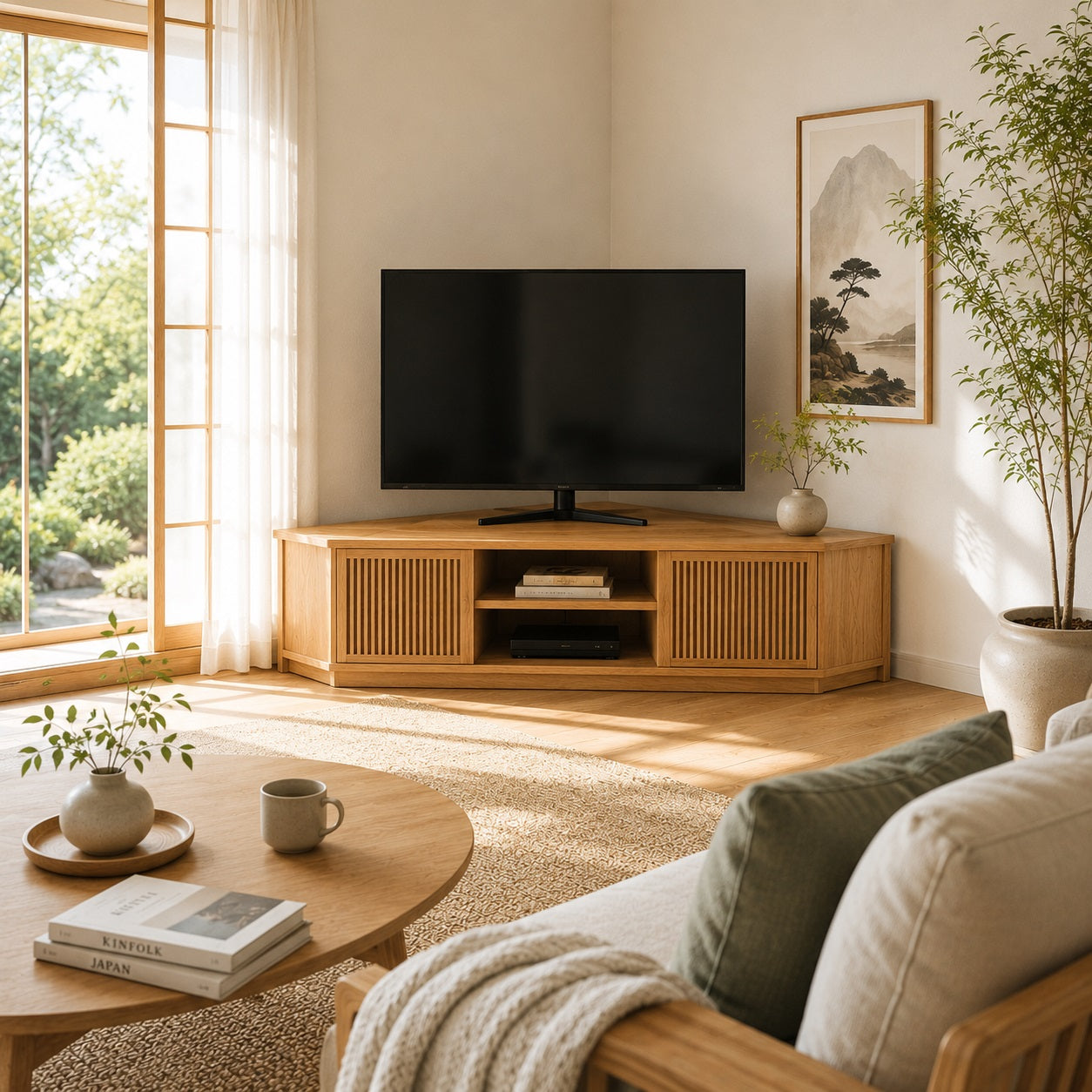 Meuble TV d’angle en bois clair dans salon japonais moderne et lumineux