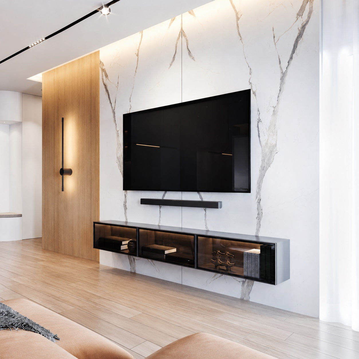 Meuble TV suspendu noir design avec rangement dans salon moderne haut de gamme