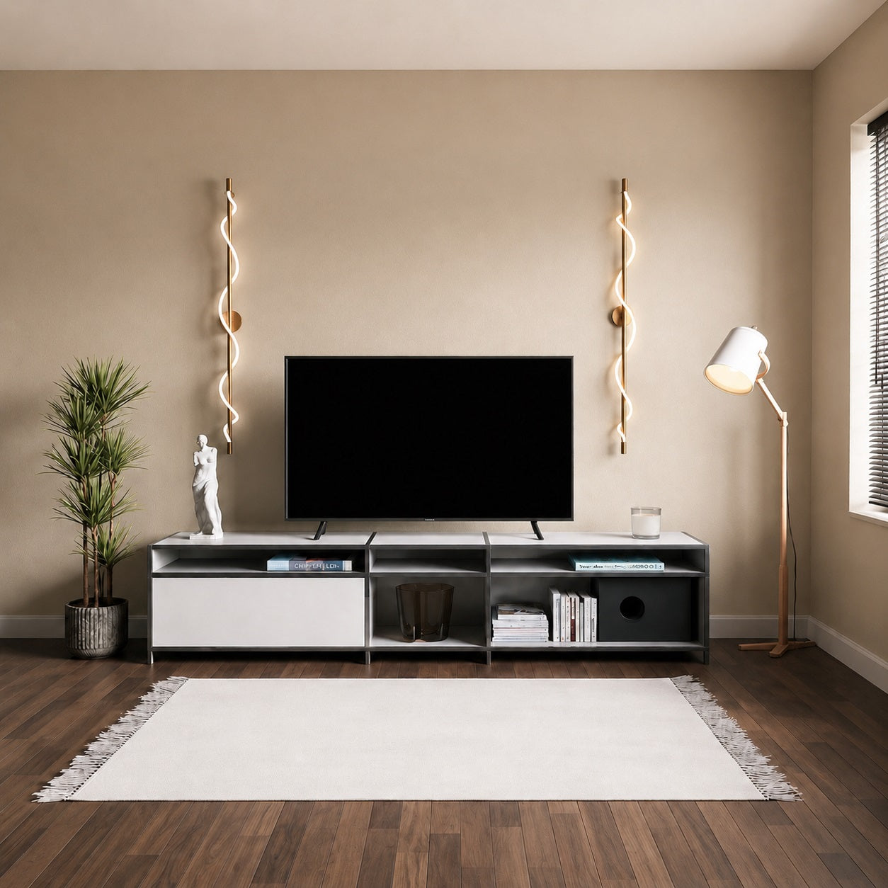 Meuble TV moderne gris et blanc dans salon contemporain avec éclairage design