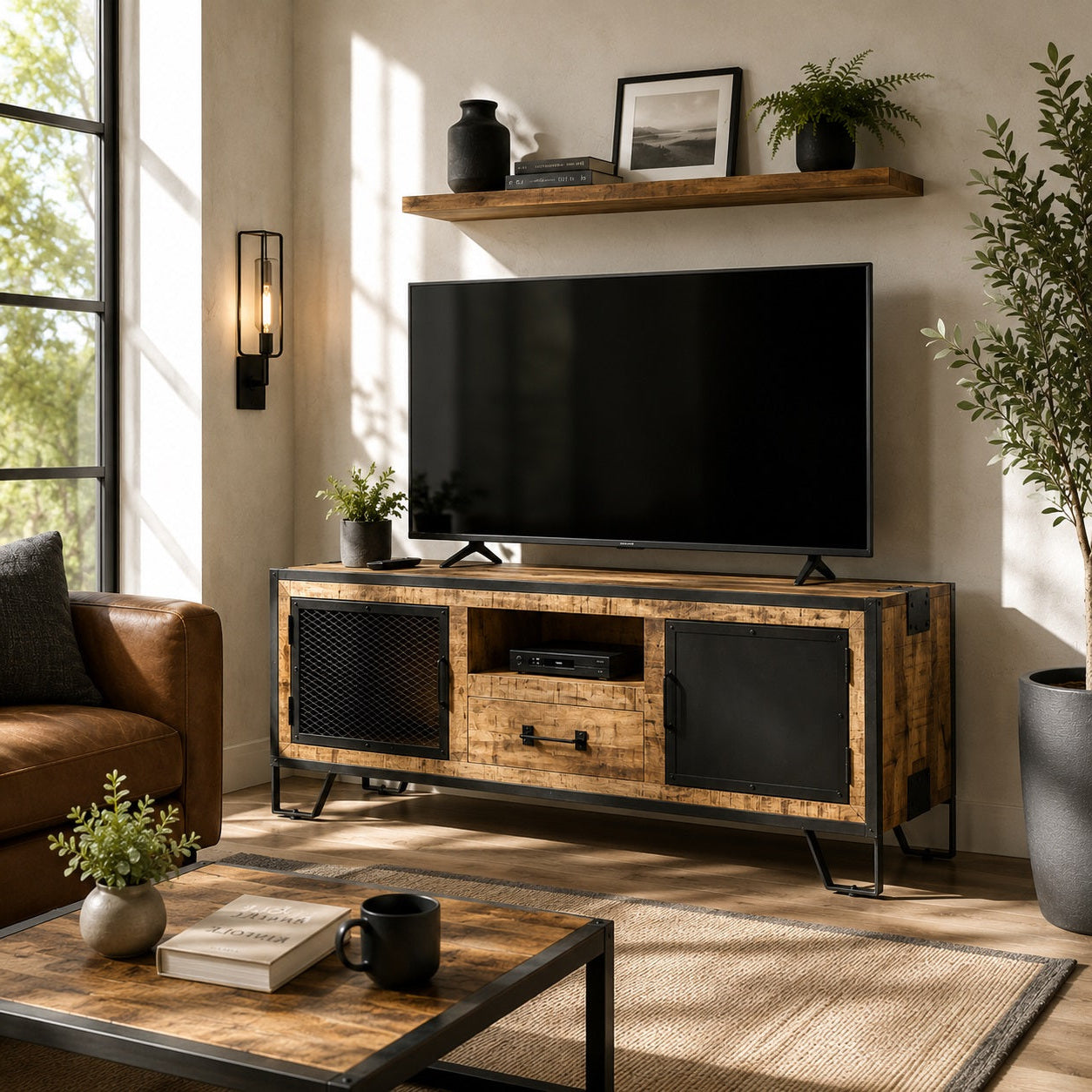 Meuble TV industriel bois et métal dans salon moderne style loft chaleureux