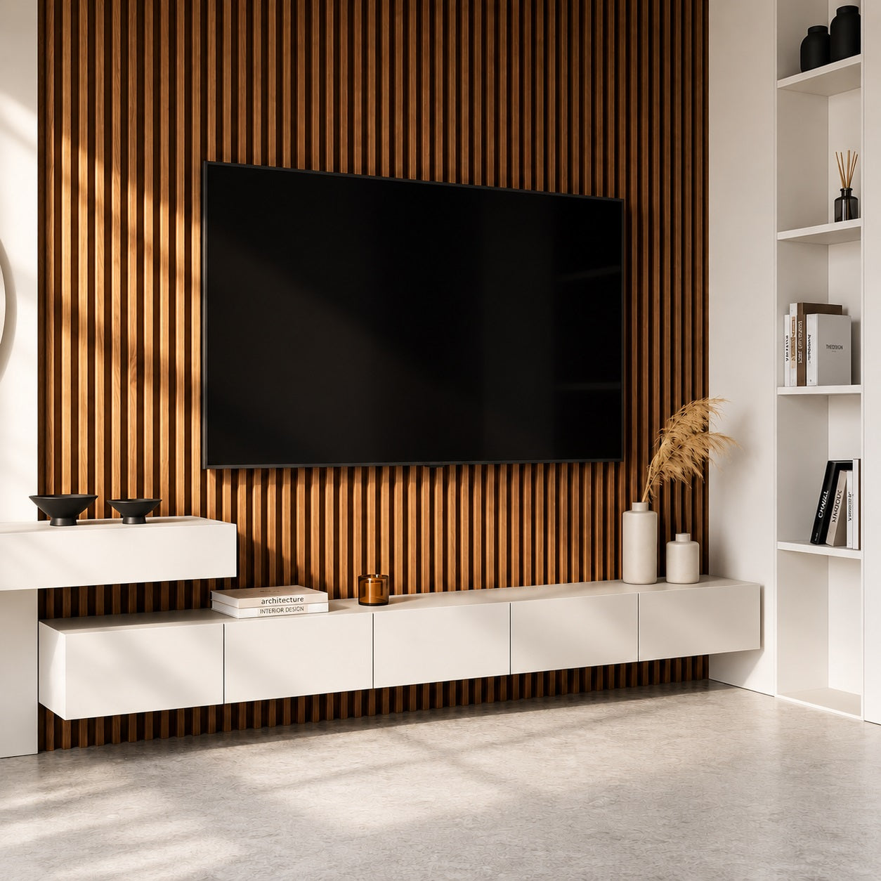 Meuble TV mural blanc suspendu avec panneau bois design dans salon moderne