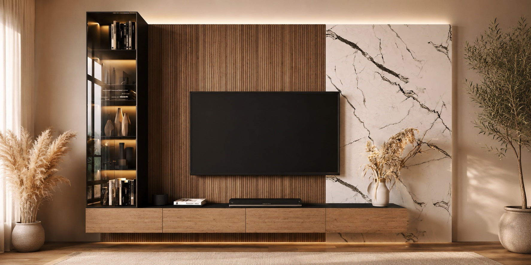 Meuble TV suspendu bois et noir avec panneau mural design et éclairage LED intégré