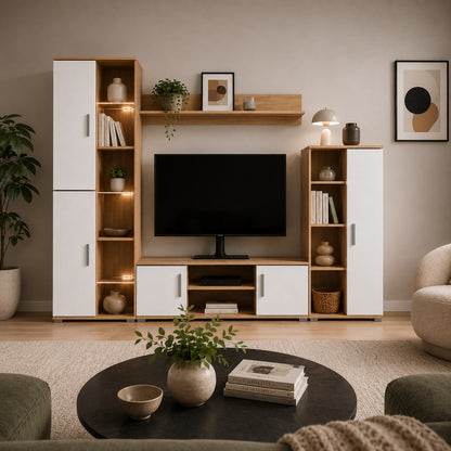 Meuble TV bibliothèque en bois blanc design avec colonnes de rangement et étagère murale décorative