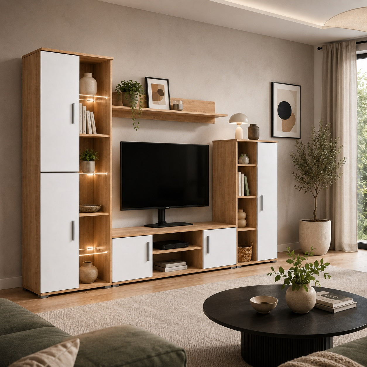 Meuble TV bibliothèque en bois blanc installé dans un salon moderne avec éclairage LED intégré