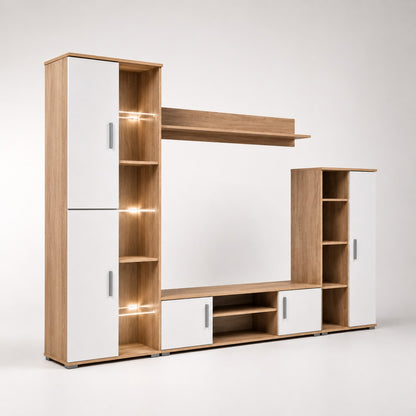 Meuble TV bibliothèque en bois blanc avec étagères éclairées et nombreux rangements pour salon moderne