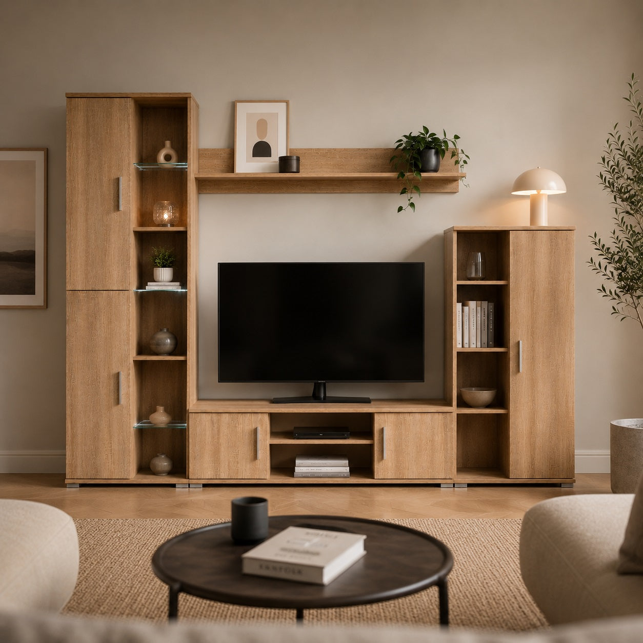 Meuble TV bibliothèque en bois chêne moderne avec colonnes de rangement et étagère murale design