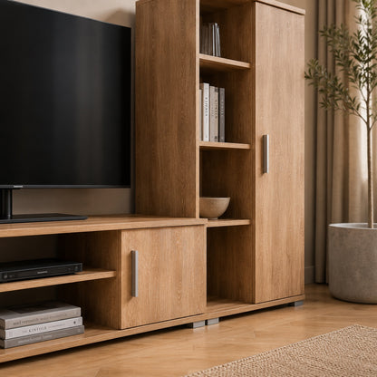 Meuble tv bibliothèque en bois avec rangements ouverts et fermés, design moderne pour salon chaleureux.