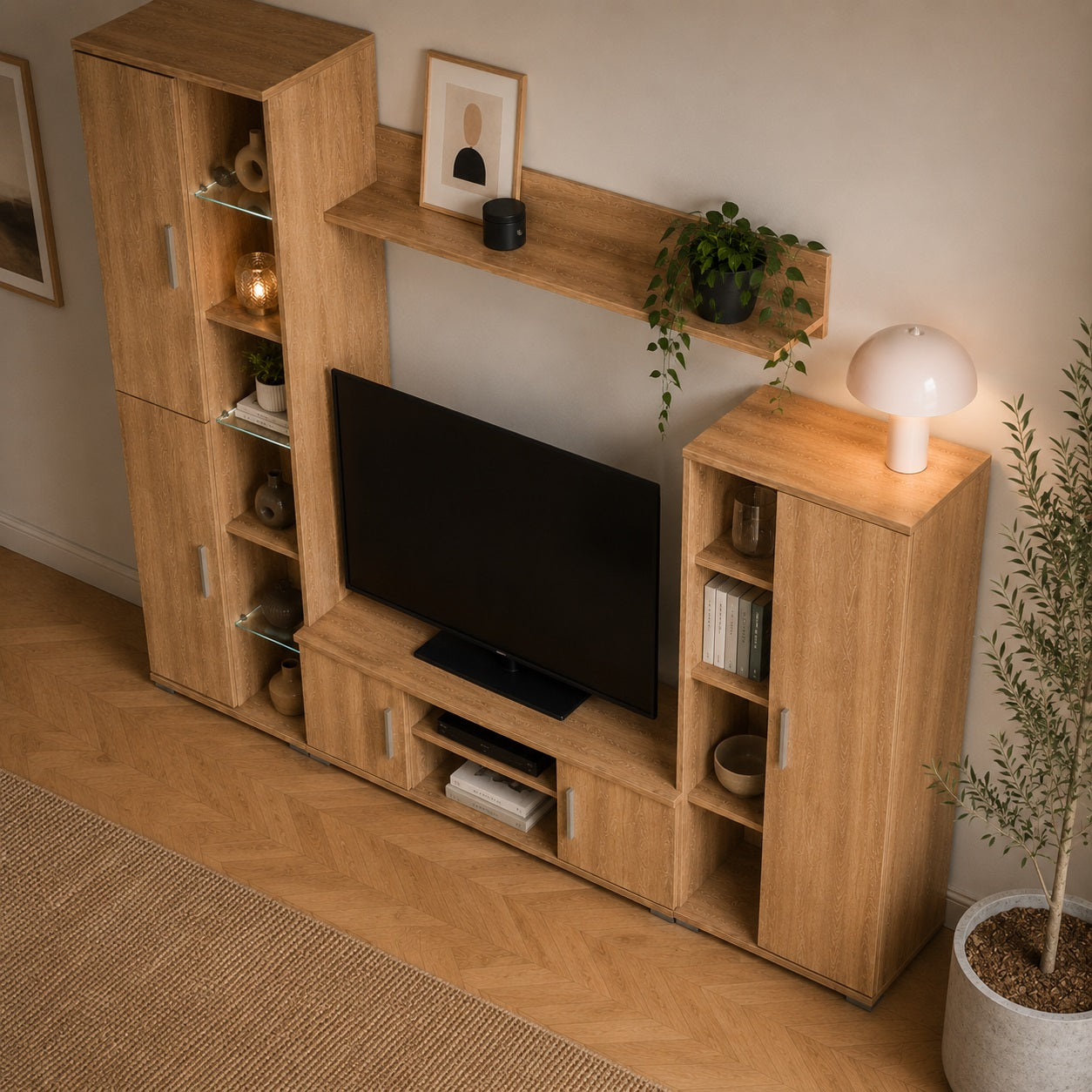 Meuble tv bibliothèque en bois complet avec étagère murale et nombreux espaces de rangement.
