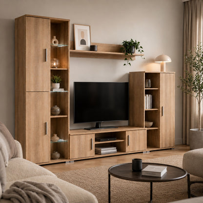 Meuble TV bibliothèque en bois installé dans un salon contemporain avec rangements et étagères