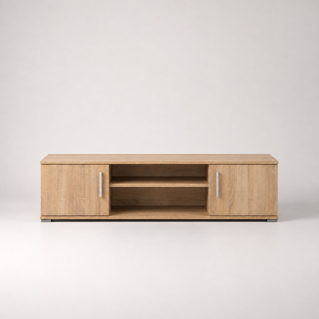 Meuble tv en bois avec niches centrales et rangements fermés, style contemporain épuré.
