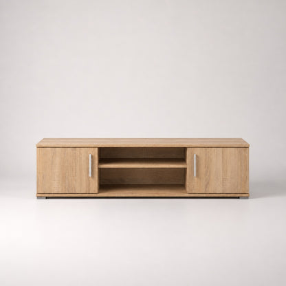 Meuble tv en bois avec niches centrales et rangements fermés, style contemporain épuré.