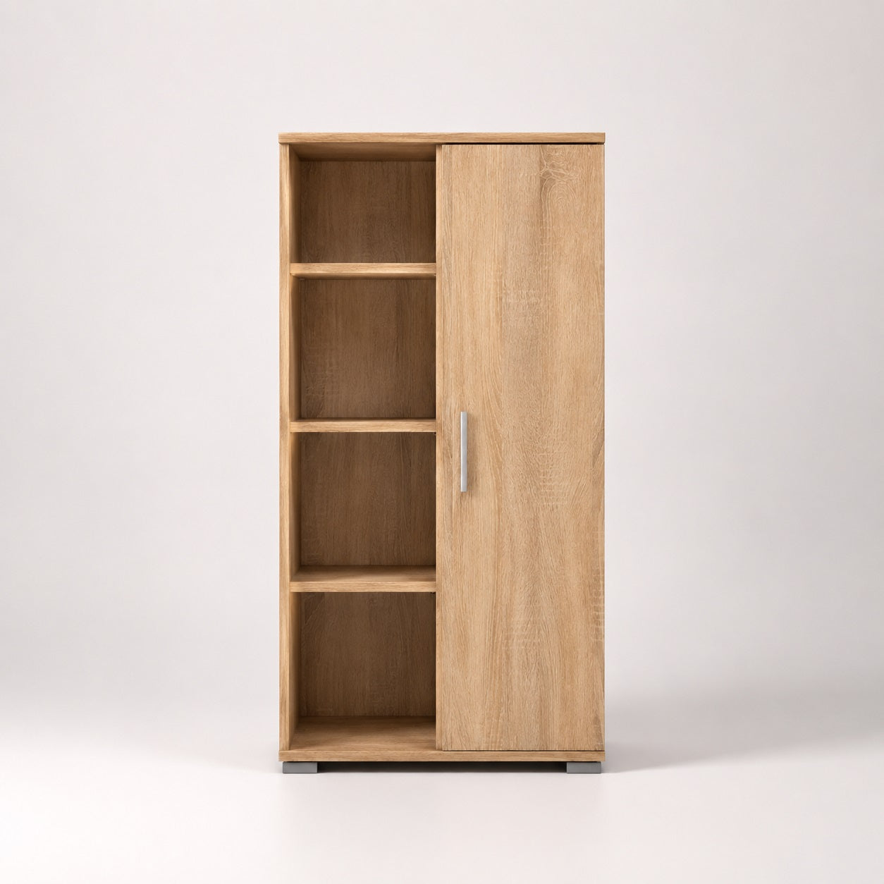 Colonne du meuble tv bibliothèque en bois avec étagères ouvertes et porte coulissante moderne.