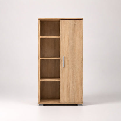 Colonne du meuble tv bibliothèque en bois avec étagères ouvertes et porte coulissante moderne.