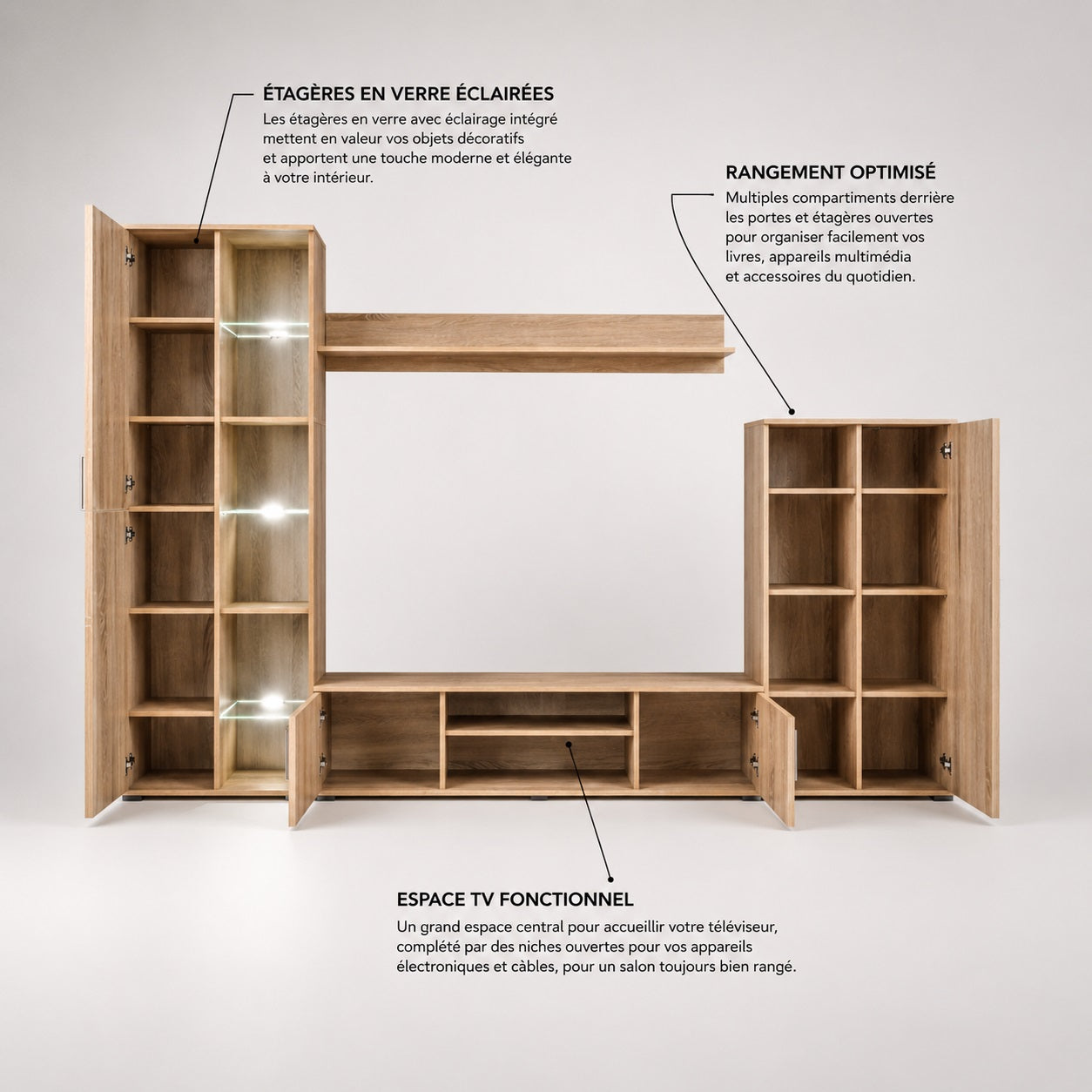 Meuble tv bibliothèque en bois avec étagères vitrées éclairées et rangements optimisés.