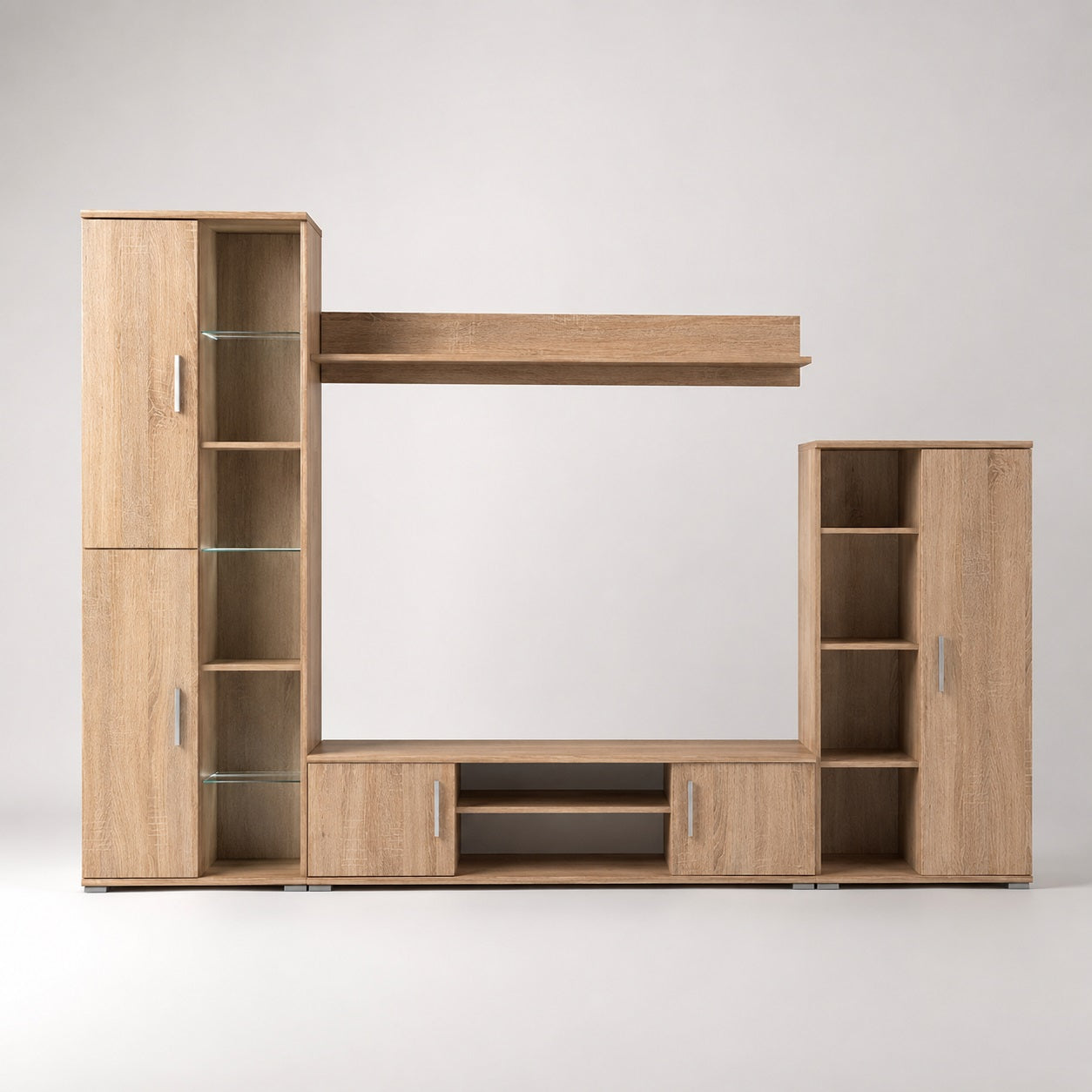 vue de face du meuble tv bibliothèque en bois avec colonnes de rangement et étagère murale.