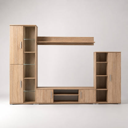 vue de face du meuble tv bibliothèque en bois avec colonnes de rangement et étagère murale.