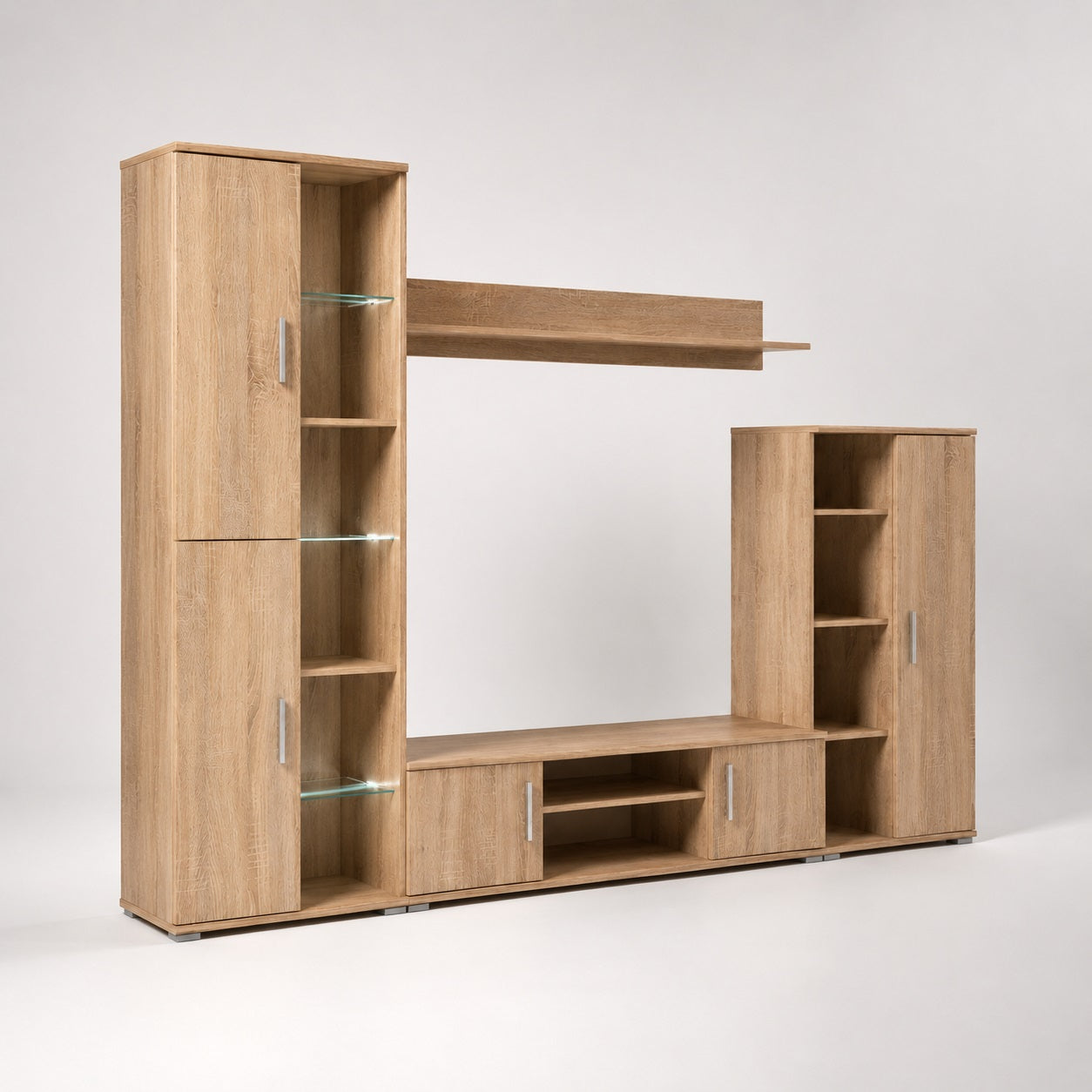 Meuble TV bibliothèque en bois chêne avec étagères vitrées et nombreux espaces de rangement