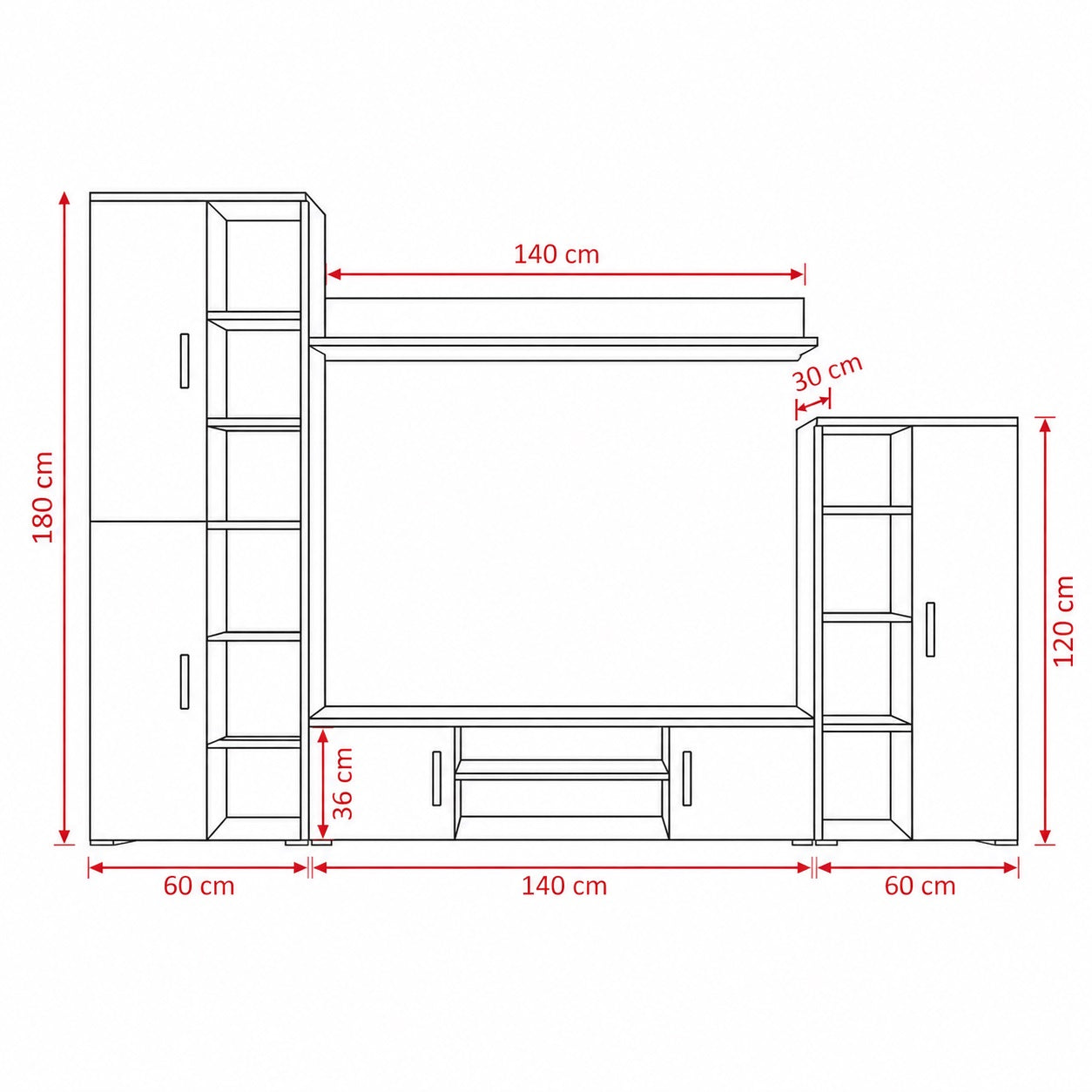 Dimensions du meuble tv bibliothèque en bois avec colonnes latérales et étagère murale intégrée.