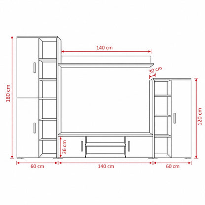 Dimensions du meuble tv bibliothèque en bois avec colonnes latérales et étagère murale intégrée.