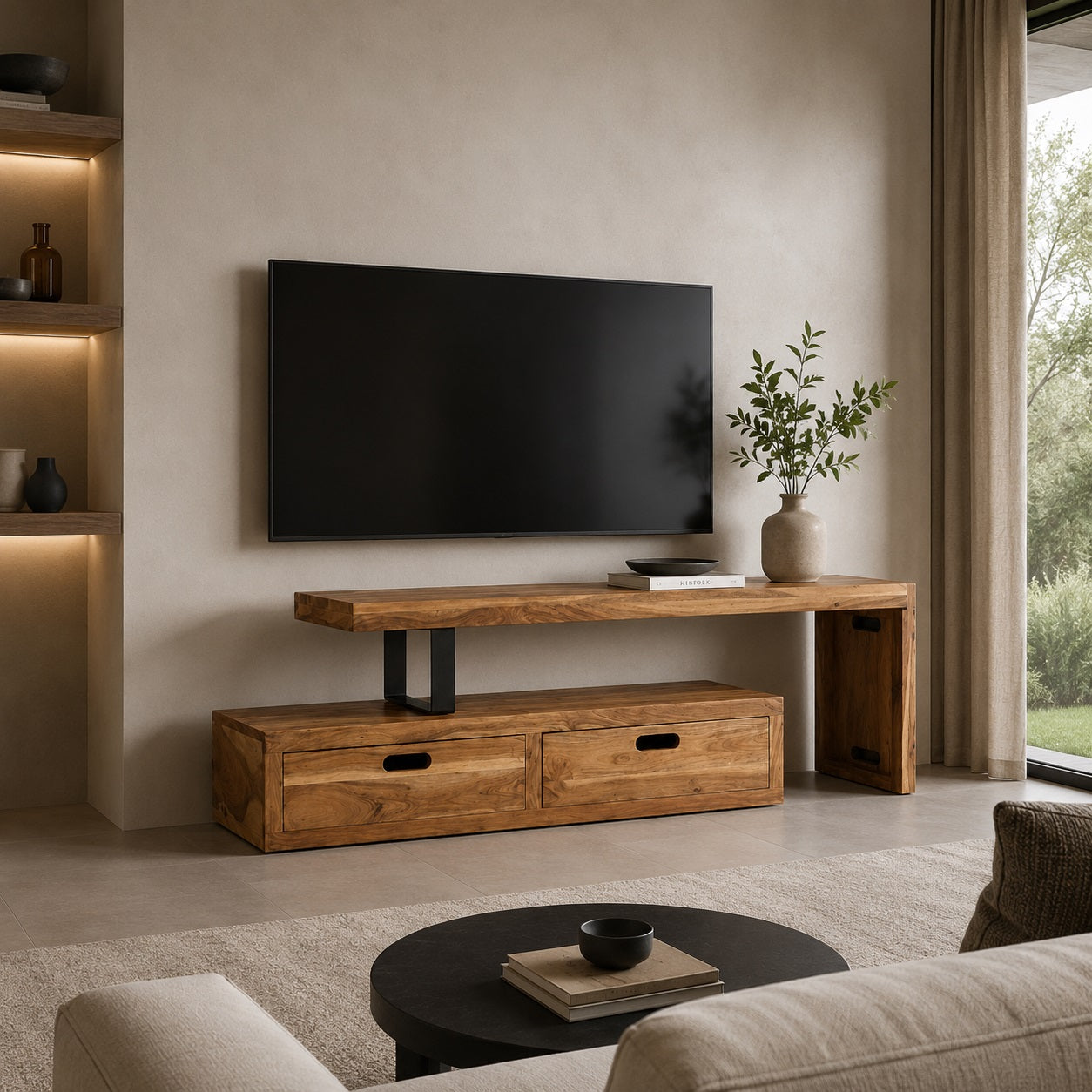 Meuble TV en bois design Java dans un salon contemporain au style naturel et chaleureux