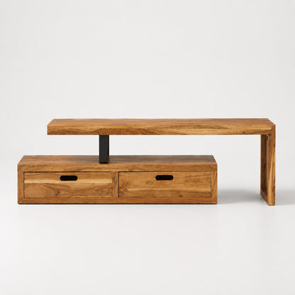 Vue de face du meuble TV en bois design Java avec rangements intégrés et lignes épurées