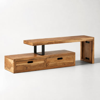 Meuble TV en bois design Java avec deux tiroirs et structure asymétrique en bois massif