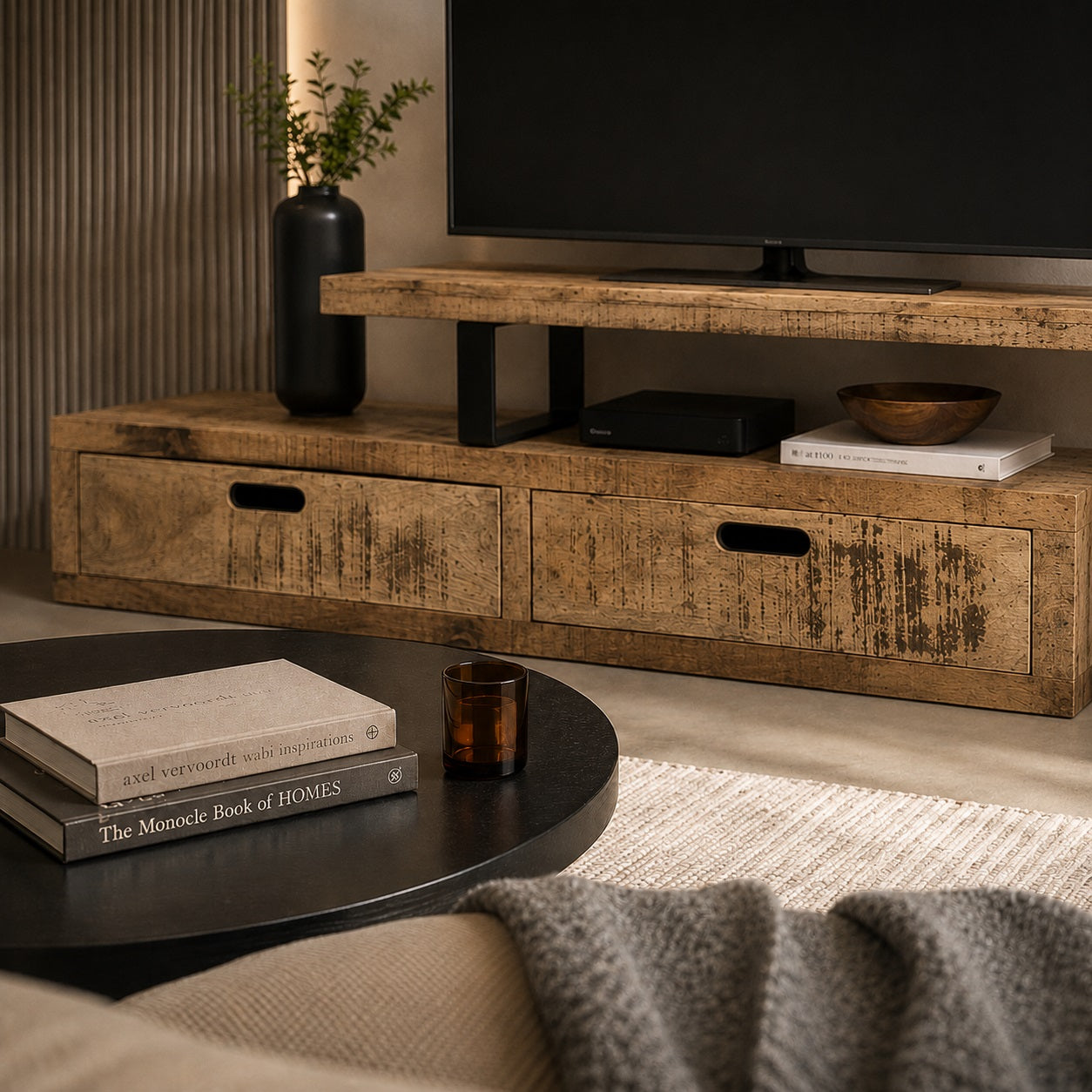 Meuble TV en bois design Java dans un intérieur moderne avec décoration naturelle élégante