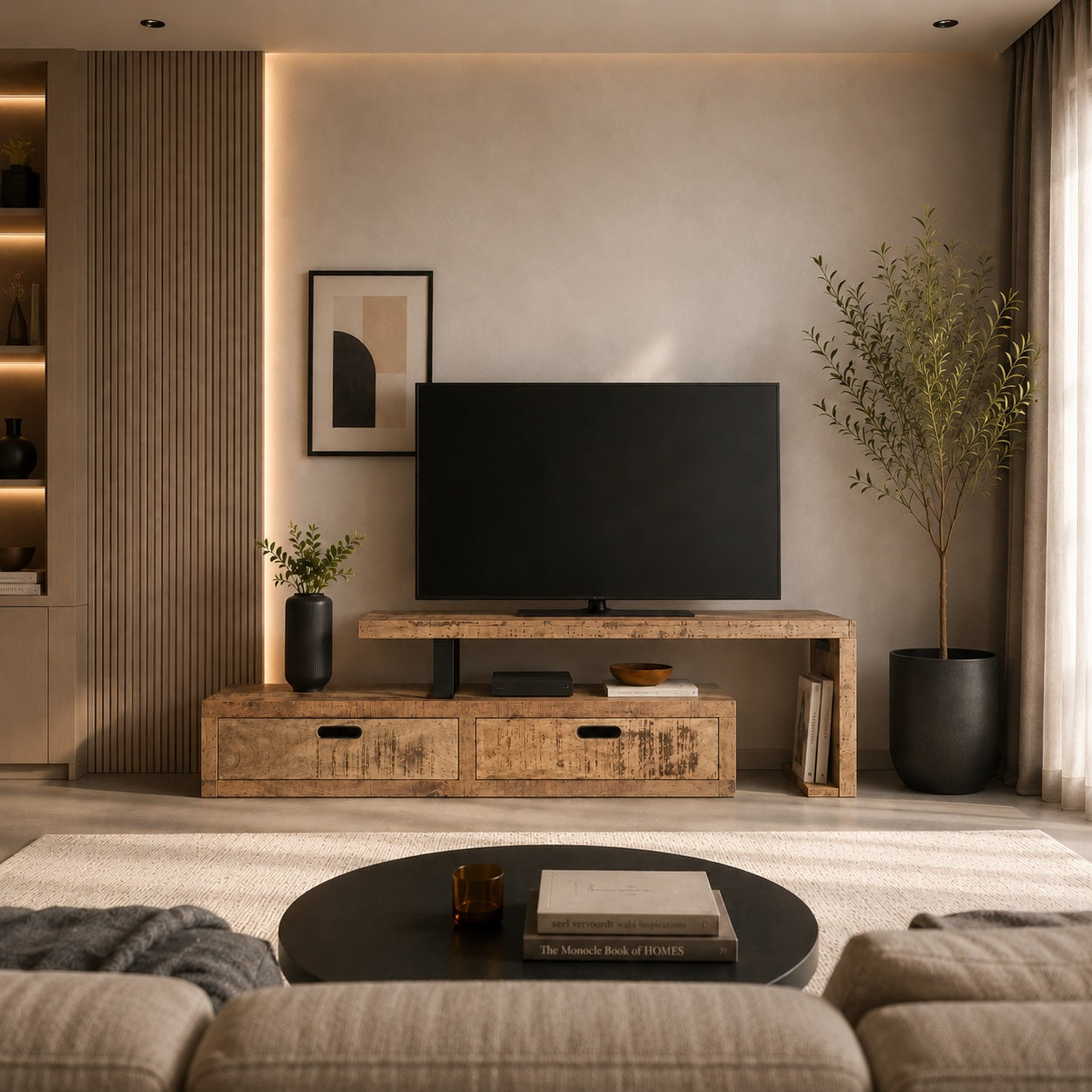 Meuble TV en bois design Java associé à une décoration contemporaine et ambiance chaleureuse