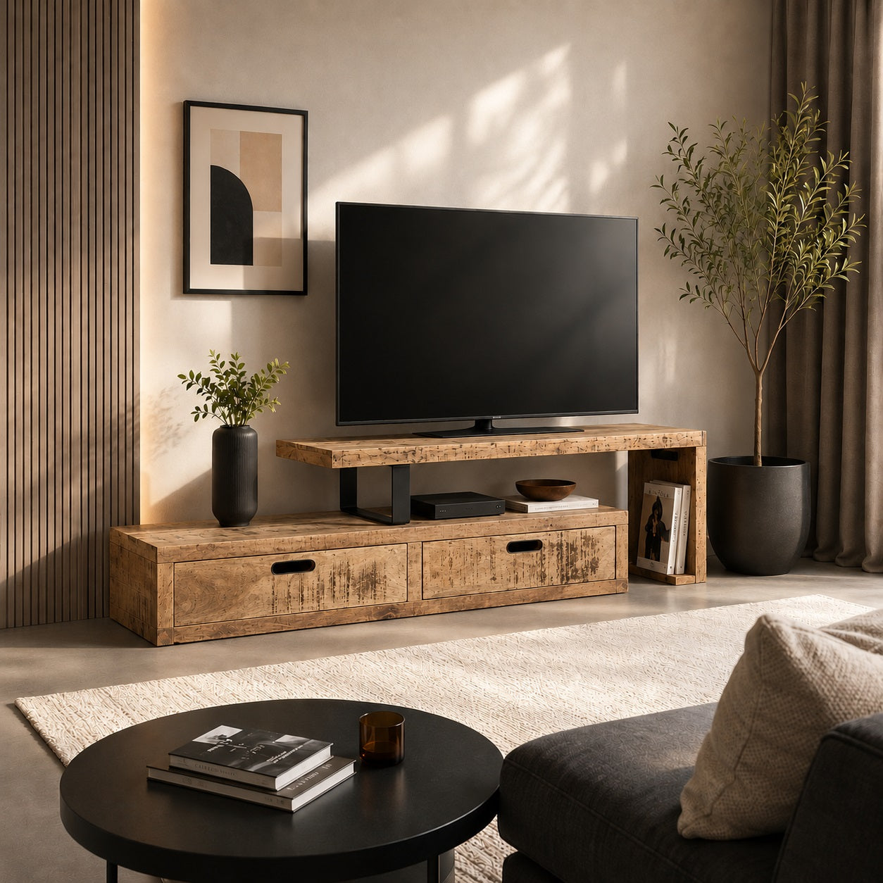 Meuble TV en bois design Java associé à une décoration contemporaine vue de cote