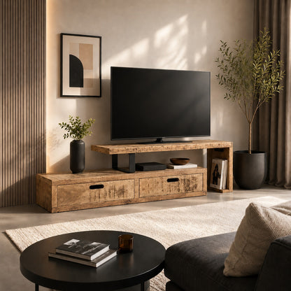 Meuble TV en bois design Java associé à une décoration contemporaine vue de cote