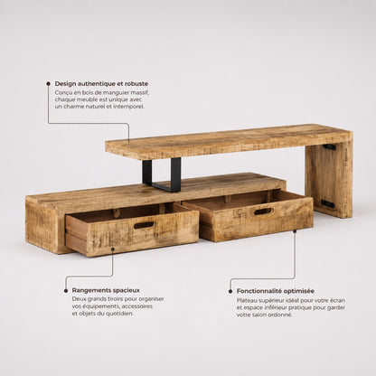 Meuble TV en bois design Java avec rangements spacieux et structure fonctionnelle en bois massif