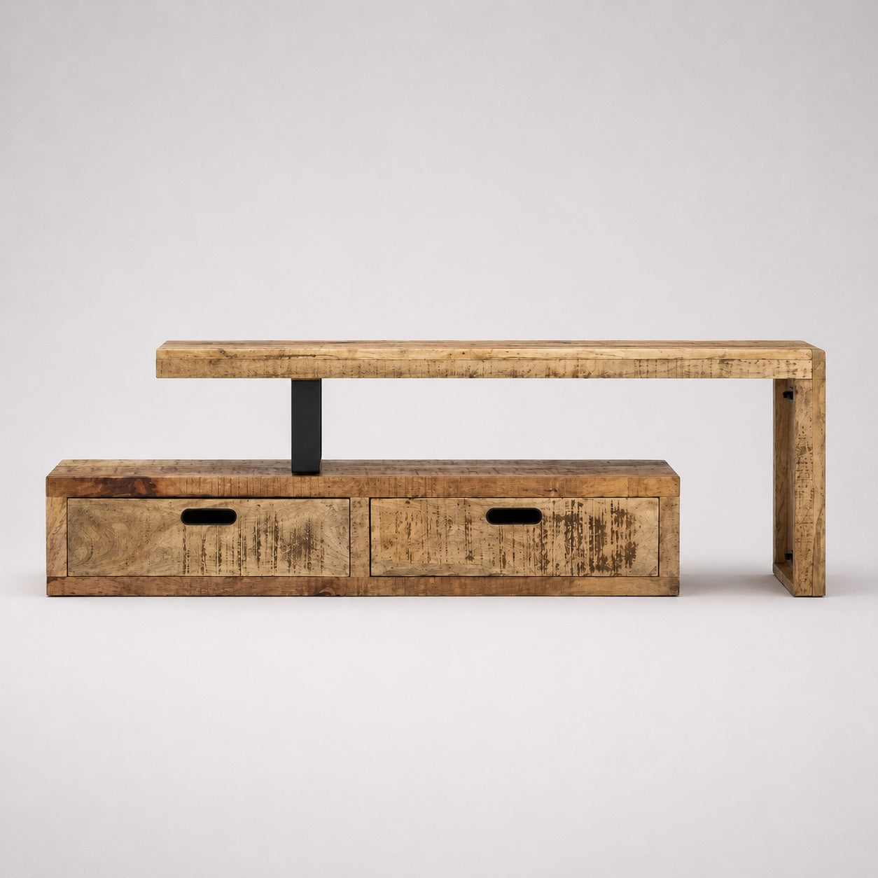Vue de face du meuble TV en bois design Java avec deux tiroirs et style contemporain épuré