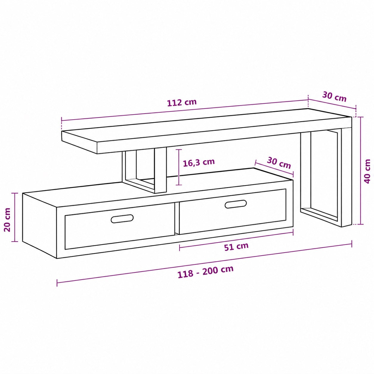 Dimensions du meuble TV en bois design Java extensible avec rangements intégrés et plateau surélevé