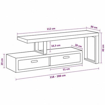 Dimensions du meuble TV en bois design Java extensible avec rangements intégrés et plateau surélevé