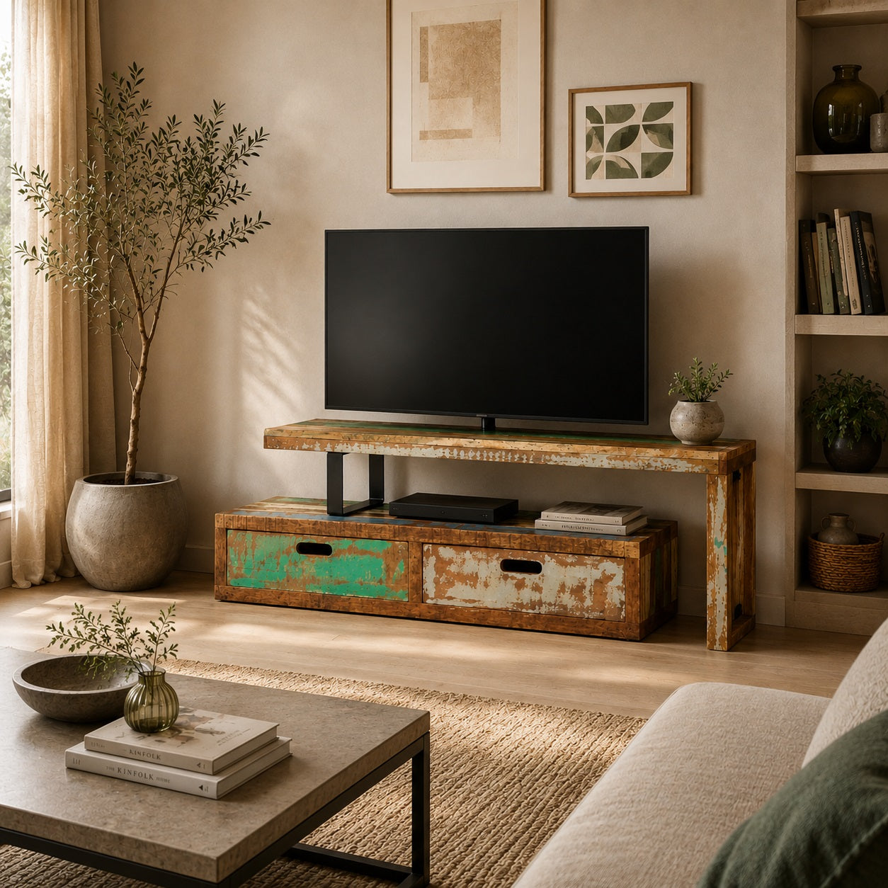 Meuble TV en bois design Java en bois recyclé dans un salon chaleureux au style authentique