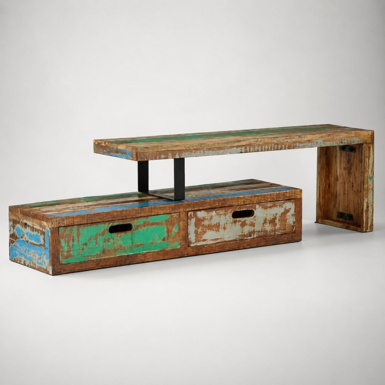 Meuble TV en bois design Java en bois recyclé avec finitions colorées et esprit industriel vintage