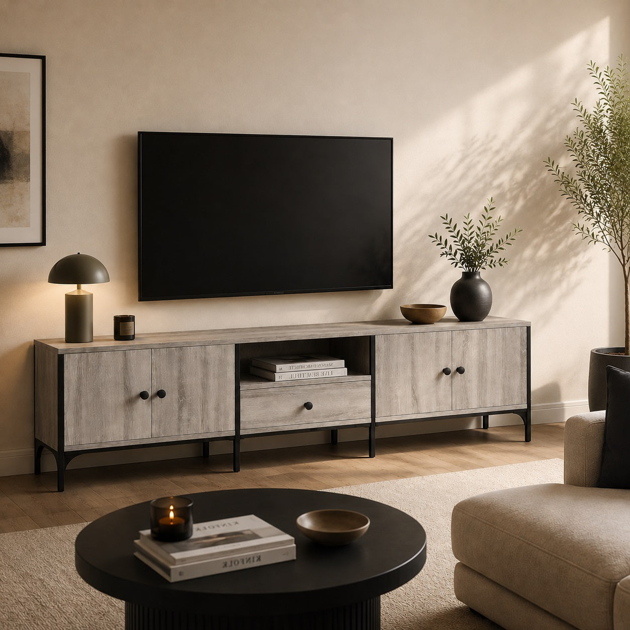 Meuble TV moderne avec rangement gris effet bois dans un salon contemporain et chaleureux