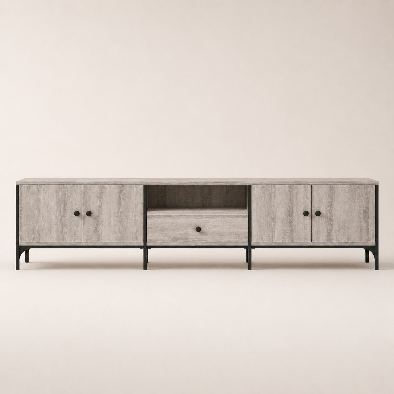 Meuble TV moderne avec rangement gris, façade symétrique avec portes et tiroir central