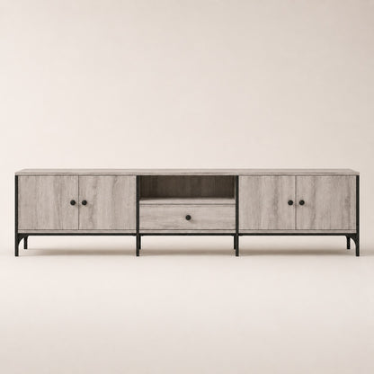 Meuble TV moderne avec rangement gris, façade symétrique avec portes et tiroir central