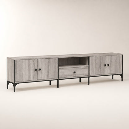 Meuble TV moderne gris effet bois avec rangement, grand meuble TV contemporain à portes et tiroir