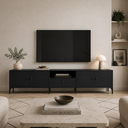 Grand meuble TV moderne avec rangement noir, idéal pour un salon design et épuré