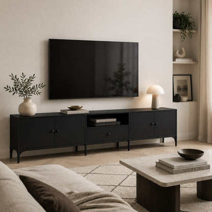 Meuble TV moderne avec rangement noir dans un salon élégant au style contemporain