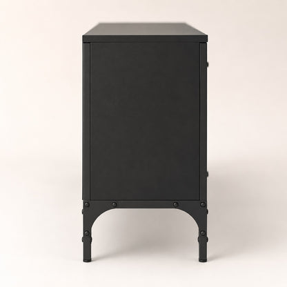 Vue latérale d’un meuble TV moderne avec rangement noir et structure métallique fine