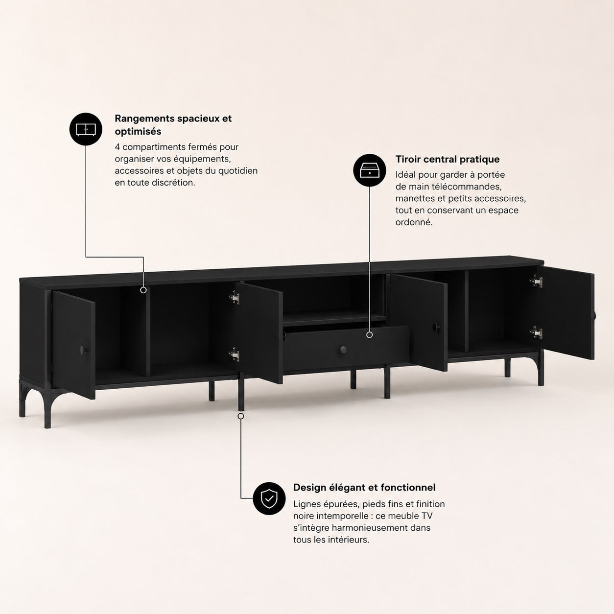 Meuble TV moderne avec rangement, 4 compartiments fermés, niche ouverte et tiroir central pratique
