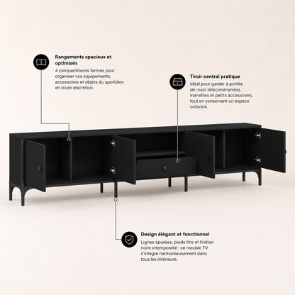 Meuble TV moderne avec rangement, 4 compartiments fermés, niche ouverte et tiroir central pratique