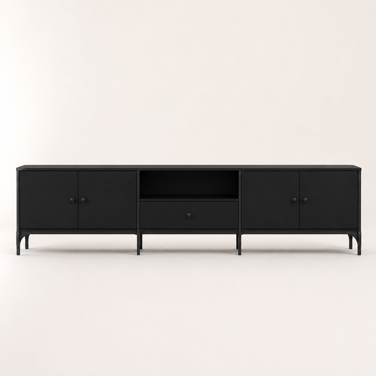 Meuble TV moderne avec rangement noir, grand format avec portes, niche centrale et tiroir intégré